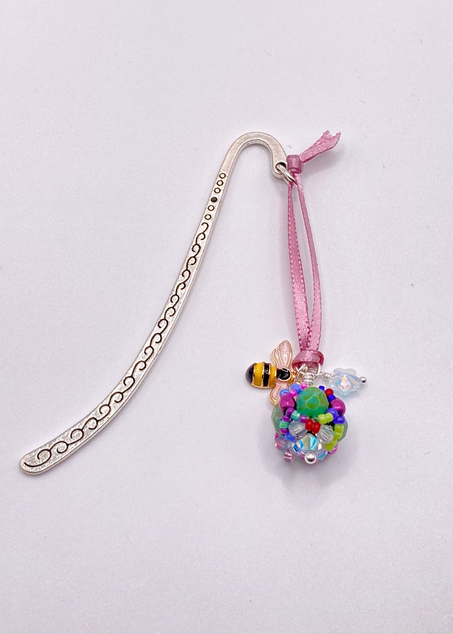 Hand beaded silver bookmark celebrating the Bridge of Flowers in Shelburne Falls, MA. Handcrafted in western MA.