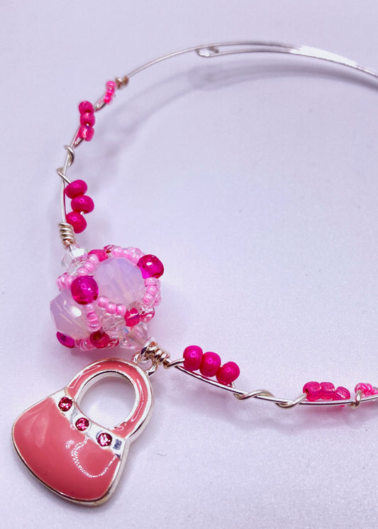 Barbie beaded bracelet with purse charm_pink and white
