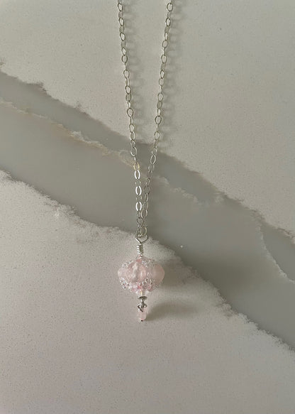 Hand Beaded Rose Quartz Silver Necklace made by Mango Fish Inc in Western MA